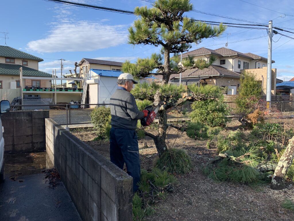 庭木、植木伐採、防草シート敷き